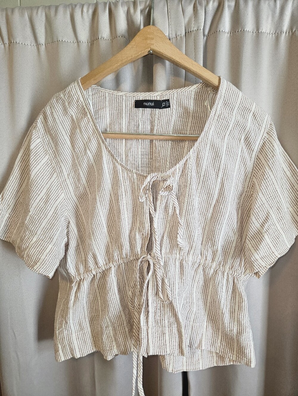 Nunui Cream and Taupe Striped Linen Blend Open Tie-Front